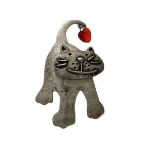 Vintage Articulated Cat Dangle Heart Charm Brooch, 3" Tall